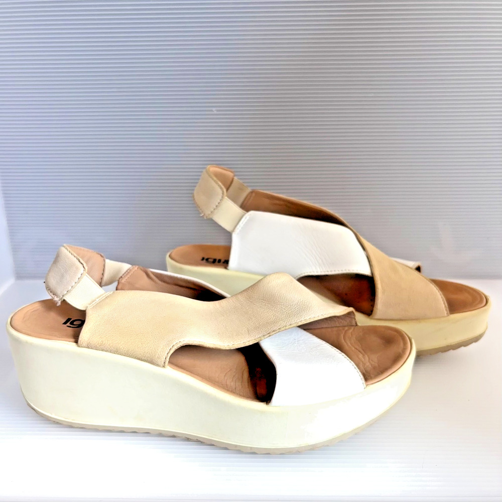 IGI&CO Italy Leather Platform Wedge Sandals White Beige Womens EU 38 US 7-7.5